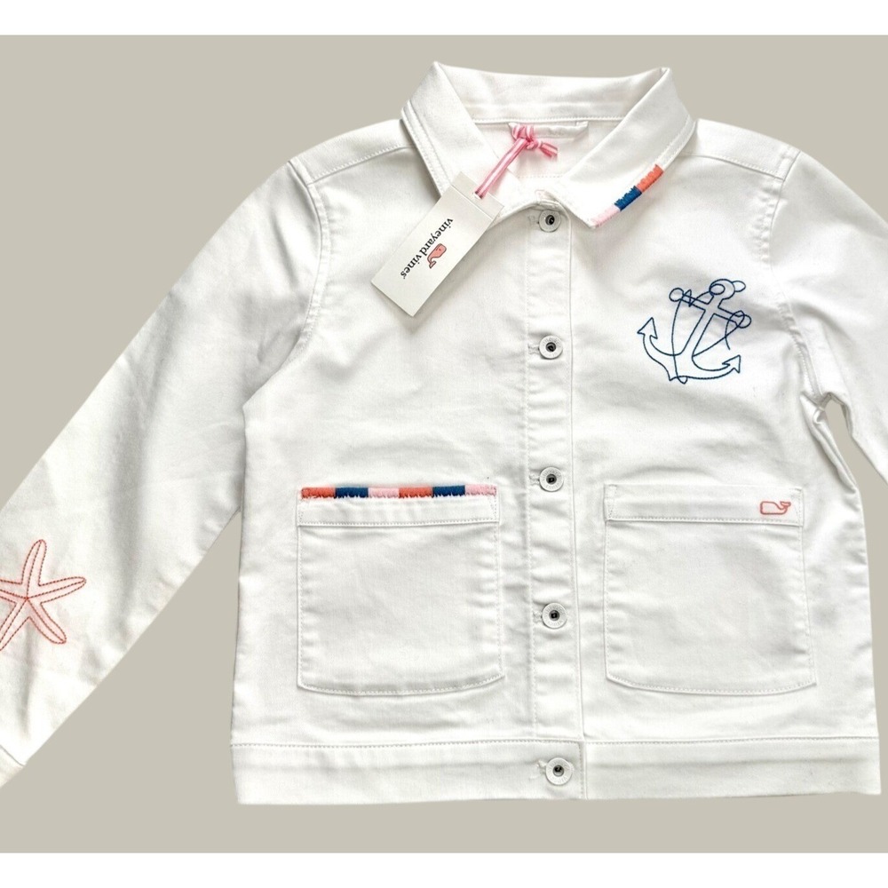 Vineyard Vines Girls White Denim Chore Button Jean Jacket Size S 7-8 NWT $88